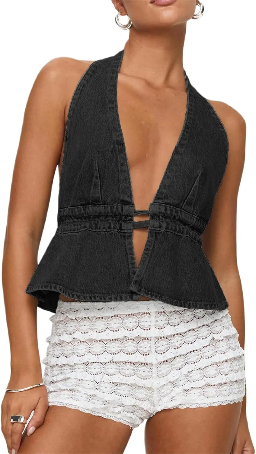 Women's Y2K Backless Tie Back Halter Top Sleeveless Sexy Denim Vest Tops Strapless Jean Corset Bustier Streetwear