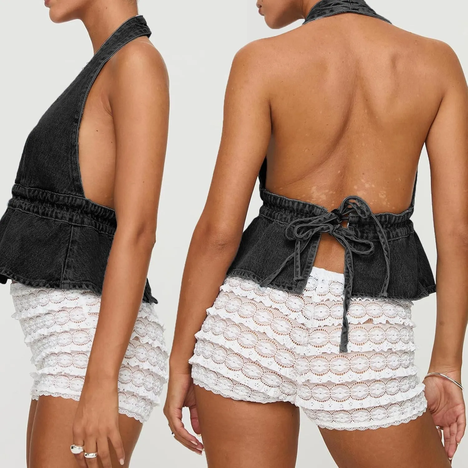 Women's Y2K Backless Tie Back Halter Top Sleeveless Sexy Denim Vest Tops Strapless Jean Corset Bustier Streetwear