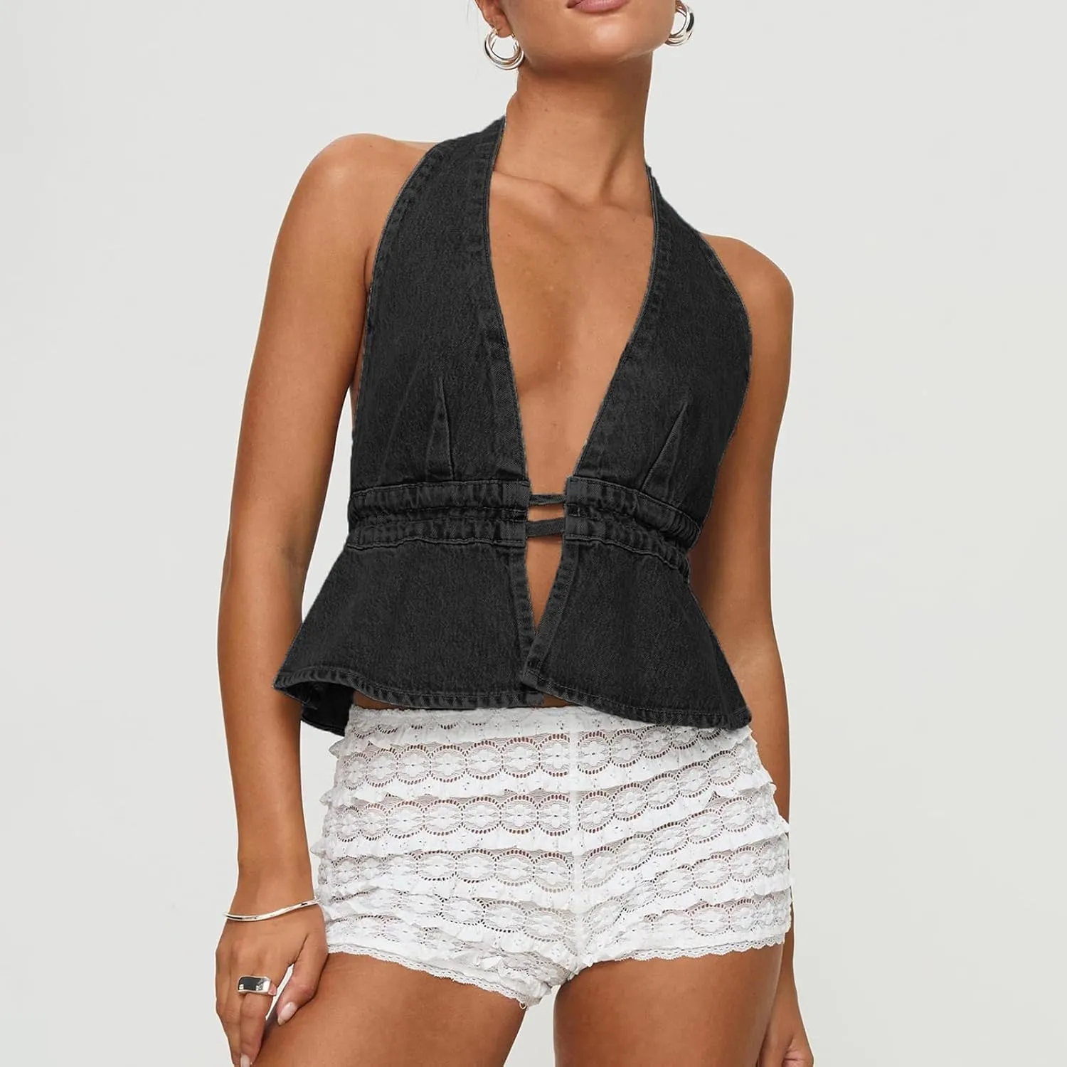 Women's Y2K Backless Tie Back Halter Top Sleeveless Sexy Denim Vest Tops Strapless Jean Corset Bustier Streetwear