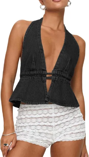 Women's Y2K Backless Tie Back Halter Top Sleeveless Sexy Denim Vest Tops Strapless Jean Corset Bustier Streetwear