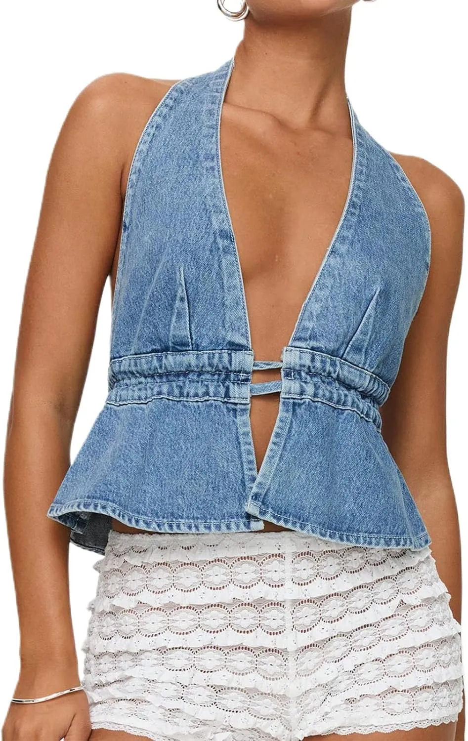Women's Y2K Backless Tie Back Halter Top Sleeveless Sexy Denim Vest Tops Strapless Jean Corset Bustier Streetwear