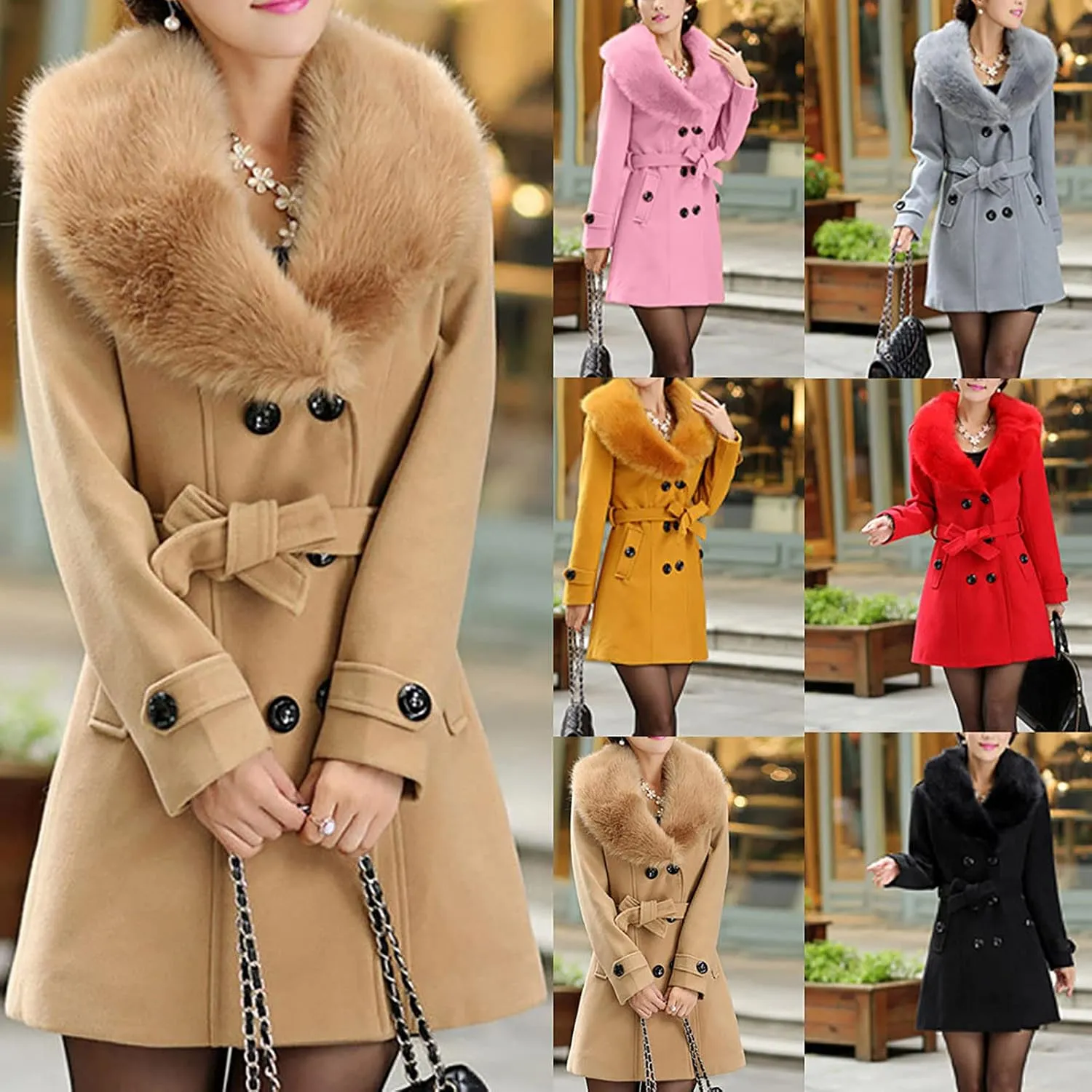 Wool Coats for Women Winter Warm Mid Long Trench Coat Double Breasted Belted Pea Coat With Detachable Faux Fur Collar