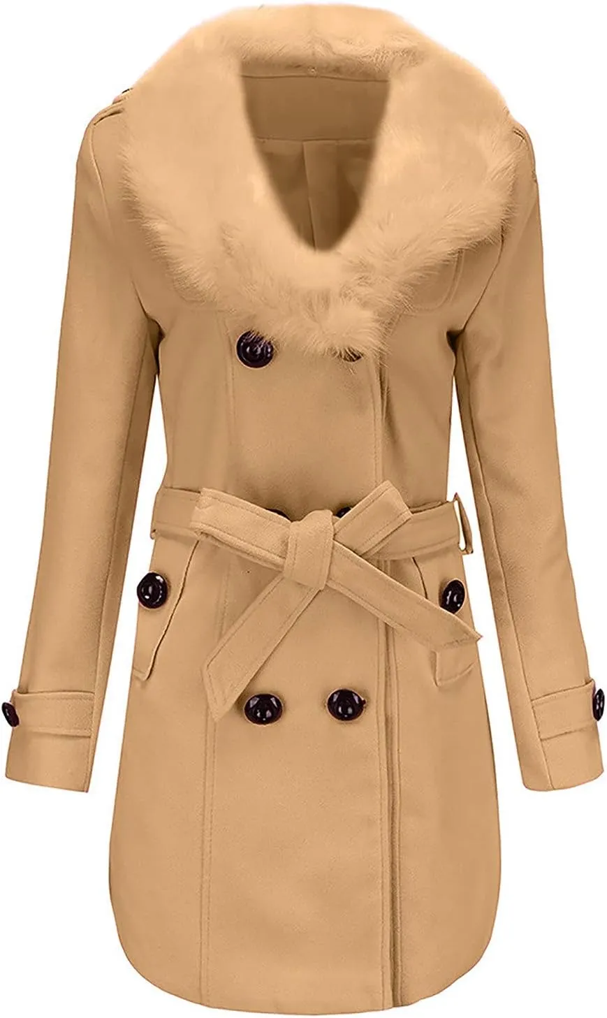 Wool Coats for Women Winter Warm Mid Long Trench Coat Double Breasted Belted Pea Coat With Detachable Faux Fur Collar