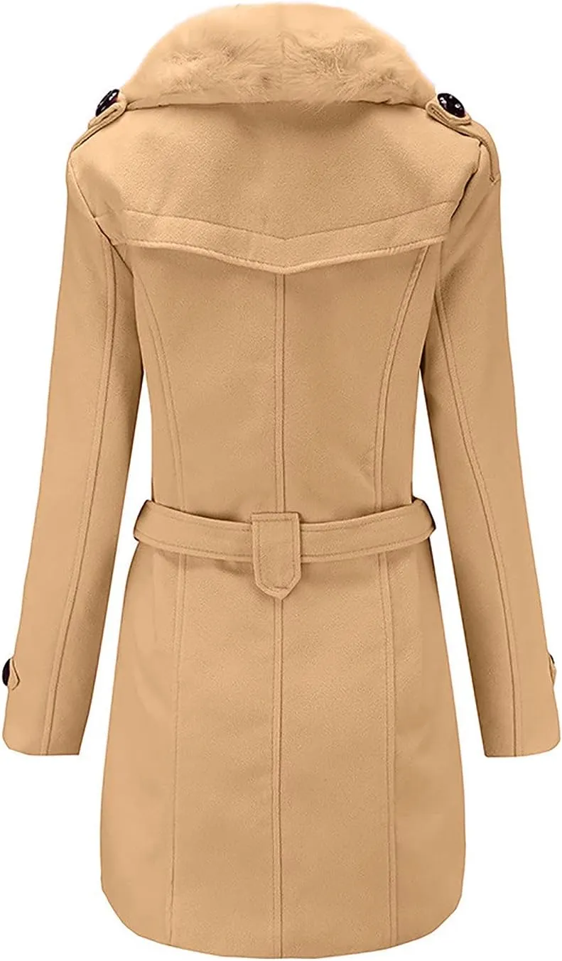 Wool Coats for Women Winter Warm Mid Long Trench Coat Double Breasted Belted Pea Coat With Detachable Faux Fur Collar