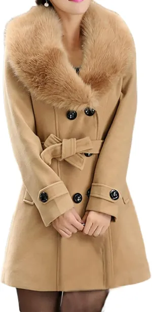 Wool Coats for Women Winter Warm Mid Long Trench Coat Double Breasted Belted Pea Coat With Detachable Faux Fur Collar