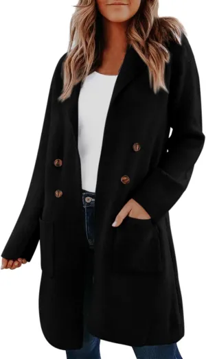 Wool Trench Coat for Women Double Breasted Mid-Long Pea Coat Lapel Collar Winter Peacoat Overcoats with Pockets