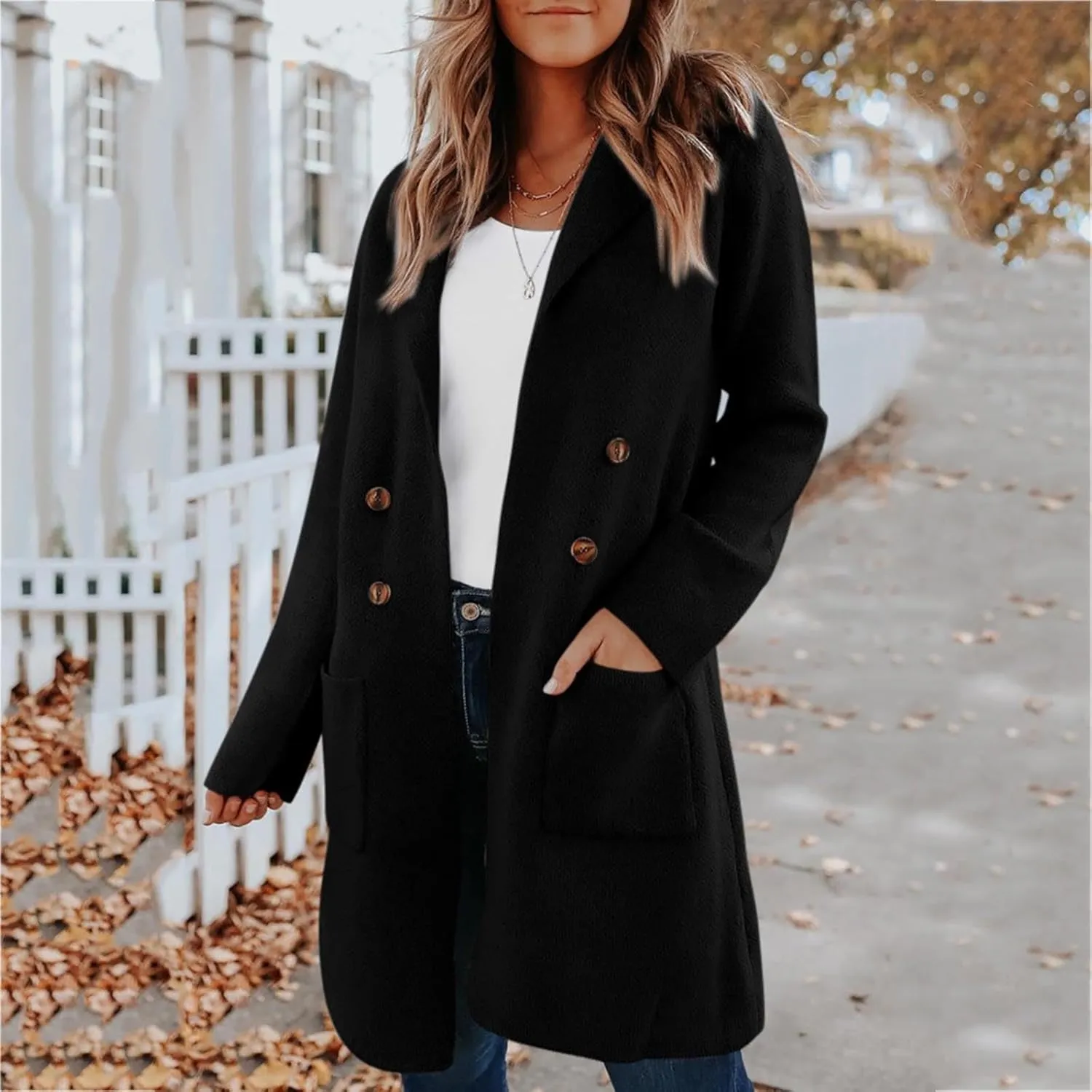Wool Trench Coat for Women Double Breasted Mid-Long Pea Coat Lapel Collar Winter Peacoat Overcoats with Pockets