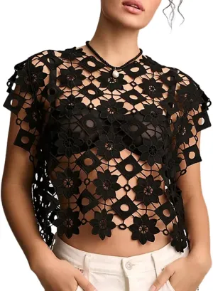Wyeysyt Women's Hollow Out Floral Lace Vest Sleeveless Crewneck Crochet Cover Up Summer Cropped Going Out Tops