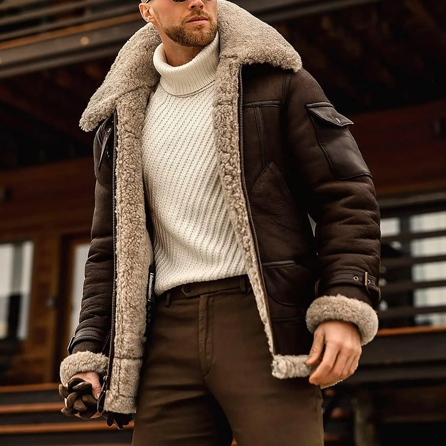 XIAXOGOOL Winter Coat For Men Big And Tall Faux Suede Fur Jacket Lapel Heavyweight Thicken Thermal Sherpa Lined Overcoat