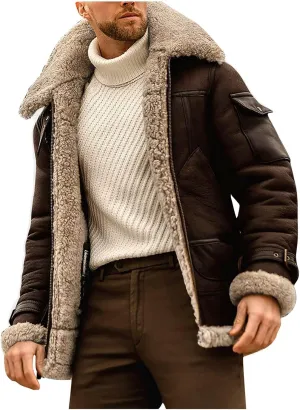 XIAXOGOOL Winter Coat For Men Big And Tall Faux Suede Fur Jacket Lapel Heavyweight Thicken Thermal Sherpa Lined Overcoat
