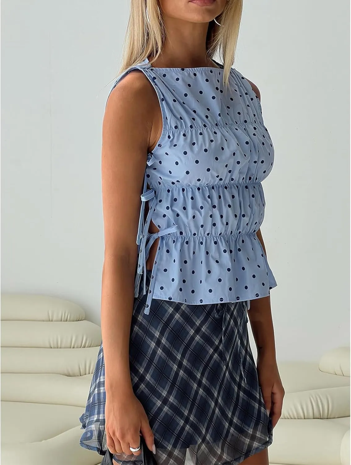 Y2K Tie Front Tank Tops for Women Teen Girl Vintage Embroidery Flower Lace Up Crop Vest Summer Sleeveless Cami Shirt