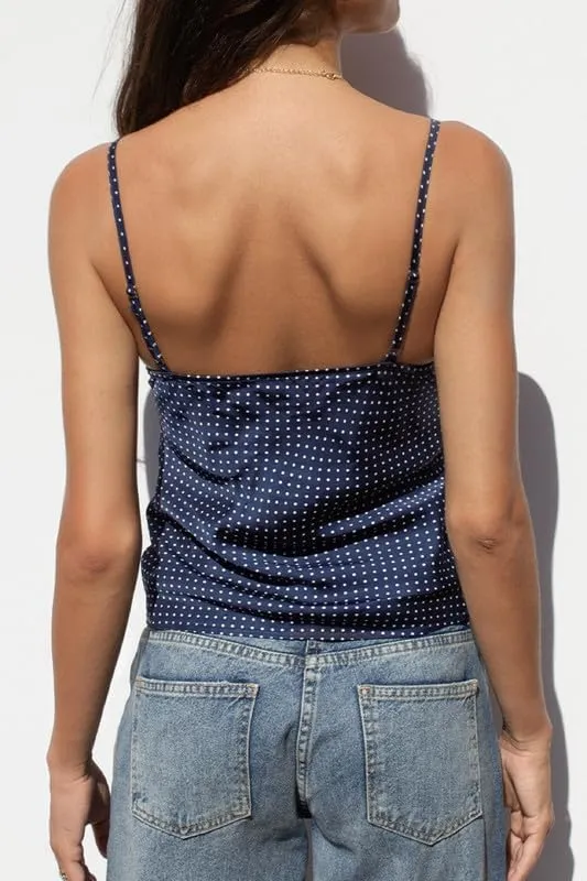 Y2K Vintage Polka Dot Mesh Camisole Spaghetti Strap V Neck Crop Tank Tops Lace Trim Backless Print Cami Sexy Streetwear