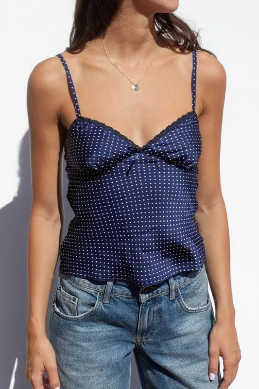 Y2K Vintage Polka Dot Mesh Camisole Spaghetti Strap V Neck Crop Tank Tops Lace Trim Backless Print Cami Sexy Streetwear