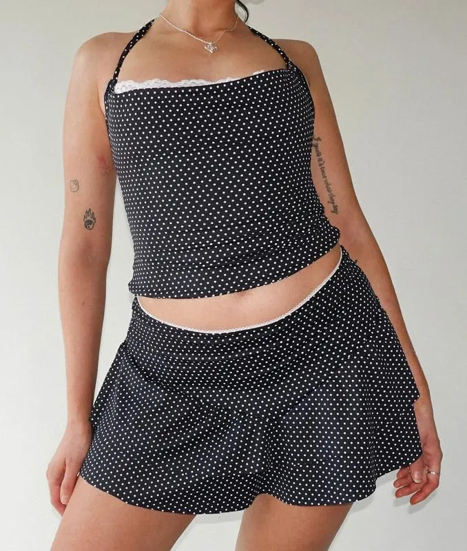 Y2K Vintage Polka Dot Mesh Camisole Spaghetti Strap V Neck Crop Tank Tops Lace Trim Backless Print Cami Sexy Streetwear