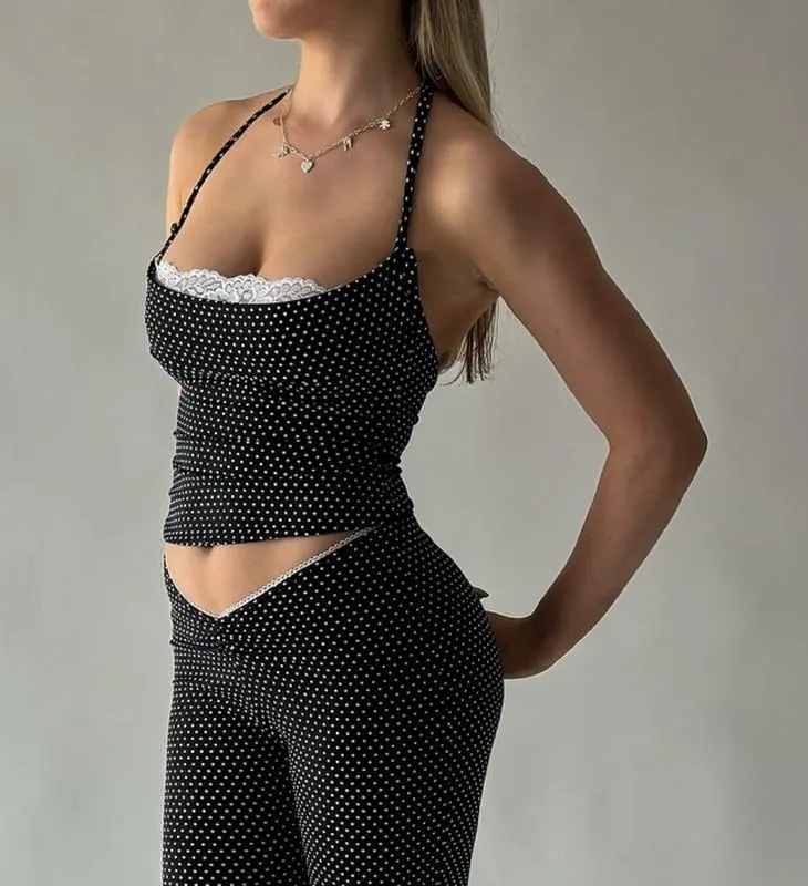 Y2K Vintage Polka Dot Mesh Camisole Spaghetti Strap V Neck Crop Tank Tops Lace Trim Backless Print Cami Sexy Streetwear