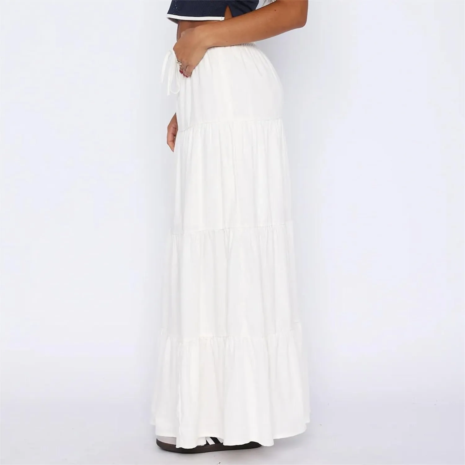 Y2k Women Boho Tiered Maxi Skirt Ruffle Pleated A Line Flowy Long Skirts Elastic Waist Beach Midi Skirt Casual
