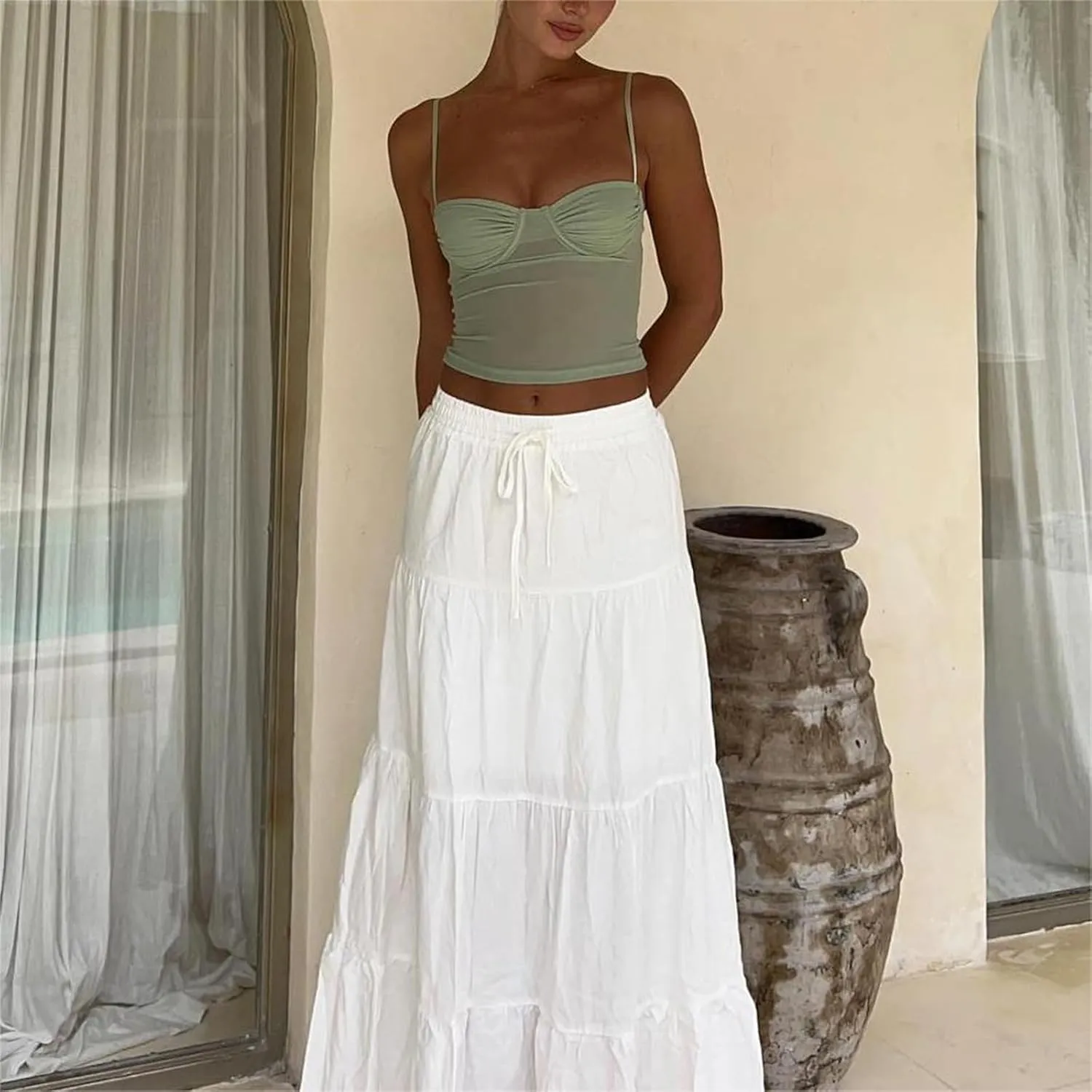 Y2k Women Boho Tiered Maxi Skirt Ruffle Pleated A Line Flowy Long Skirts Elastic Waist Beach Midi Skirt Casual