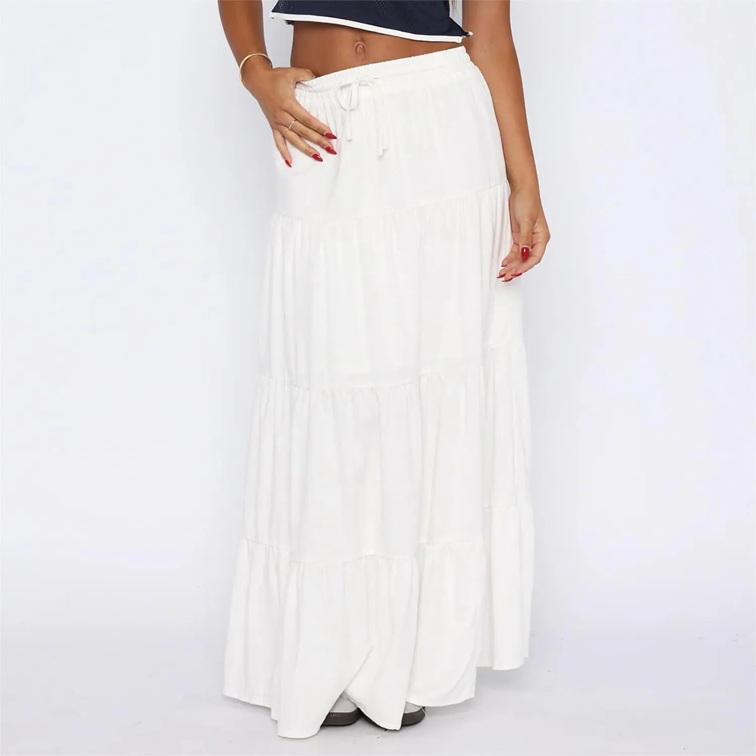 Y2k Women Boho Tiered Maxi Skirt Ruffle Pleated A Line Flowy Long Skirts Elastic Waist Beach Midi Skirt Casual