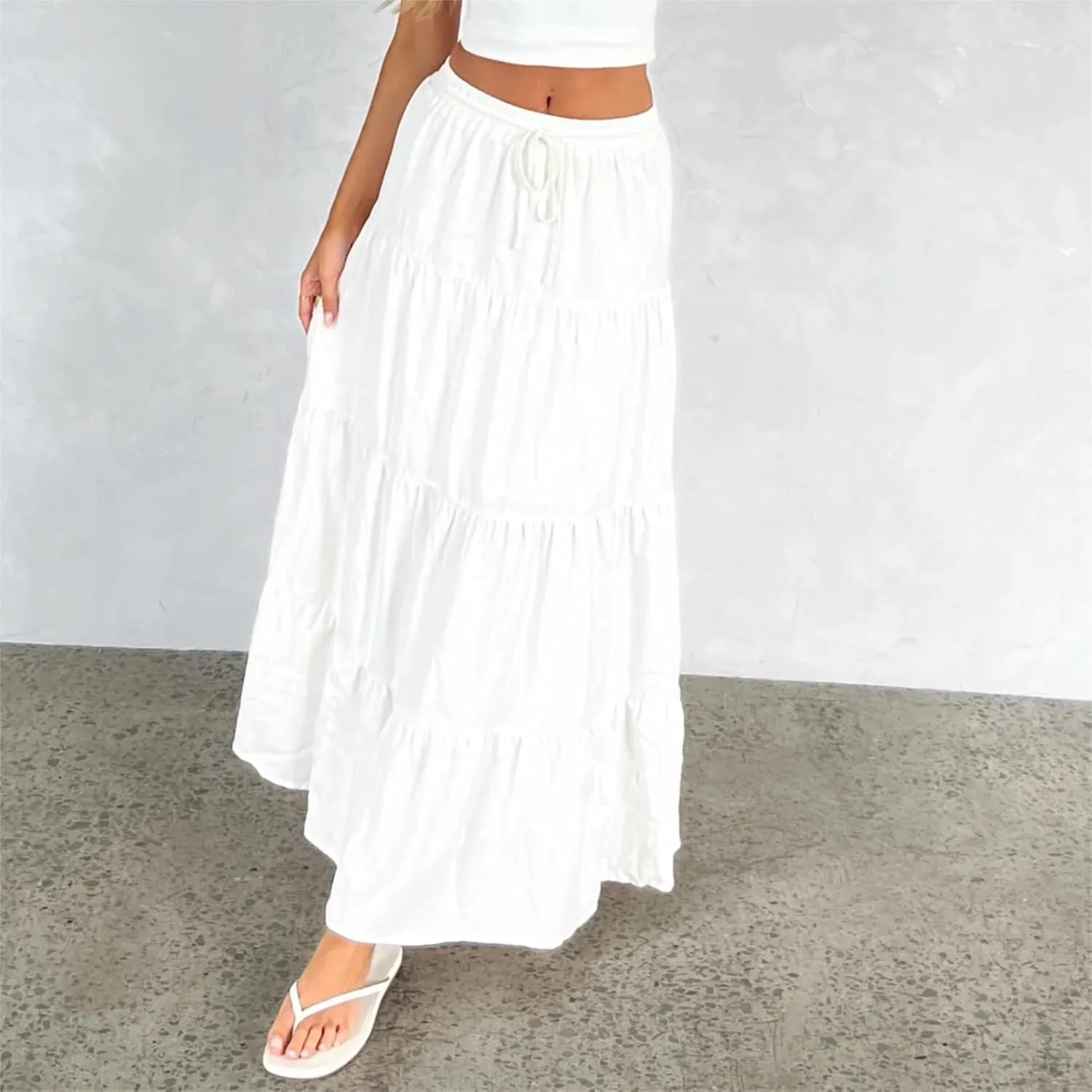 Y2k Women Boho Tiered Maxi Skirt Ruffle Pleated A Line Flowy Long Skirts Elastic Waist Beach Midi Skirt Casual