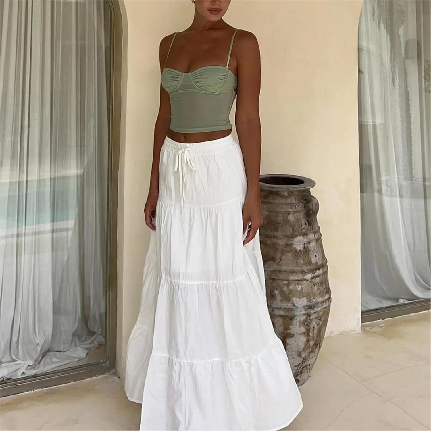 Y2k Women Boho Tiered Maxi Skirt Ruffle Pleated A Line Flowy Long Skirts Elastic Waist Beach Midi Skirt Casual