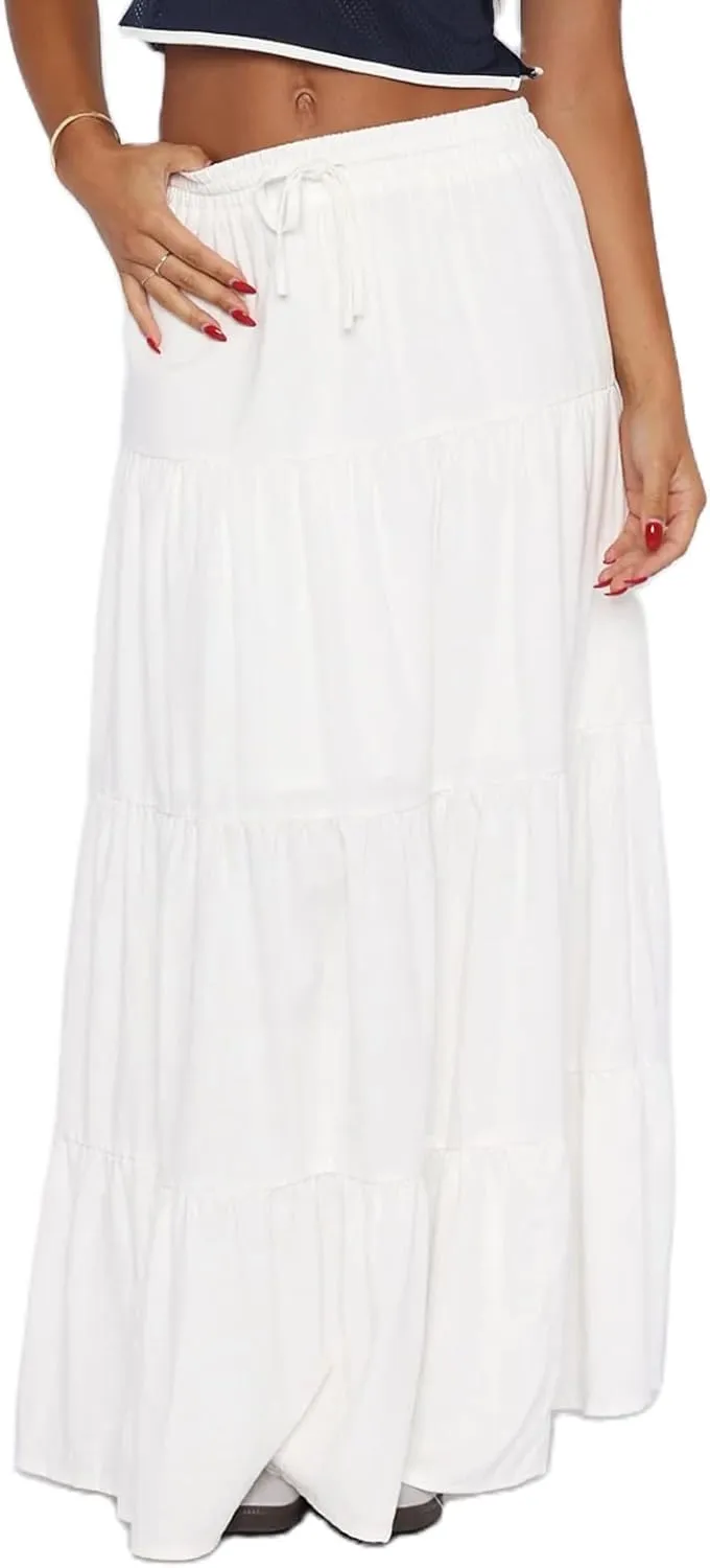 Y2k Women Boho Tiered Maxi Skirt Ruffle Pleated A Line Flowy Long Skirts Elastic Waist Beach Midi Skirt Casual