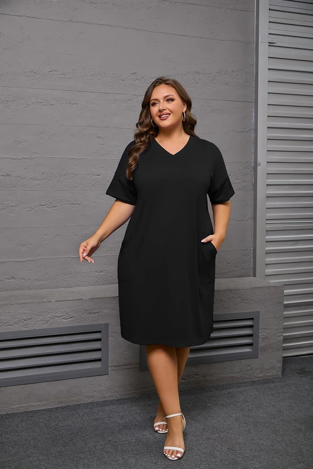 YeGine Women's Plus Size Casual Midi Dresses Short Sleeve T Shirt Dress with Pockets