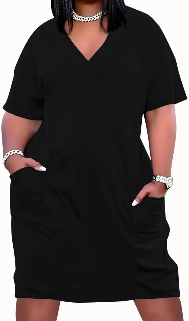 YeGine Women's Plus Size Casual Midi Dresses Short Sleeve T Shirt Dress with Pockets
