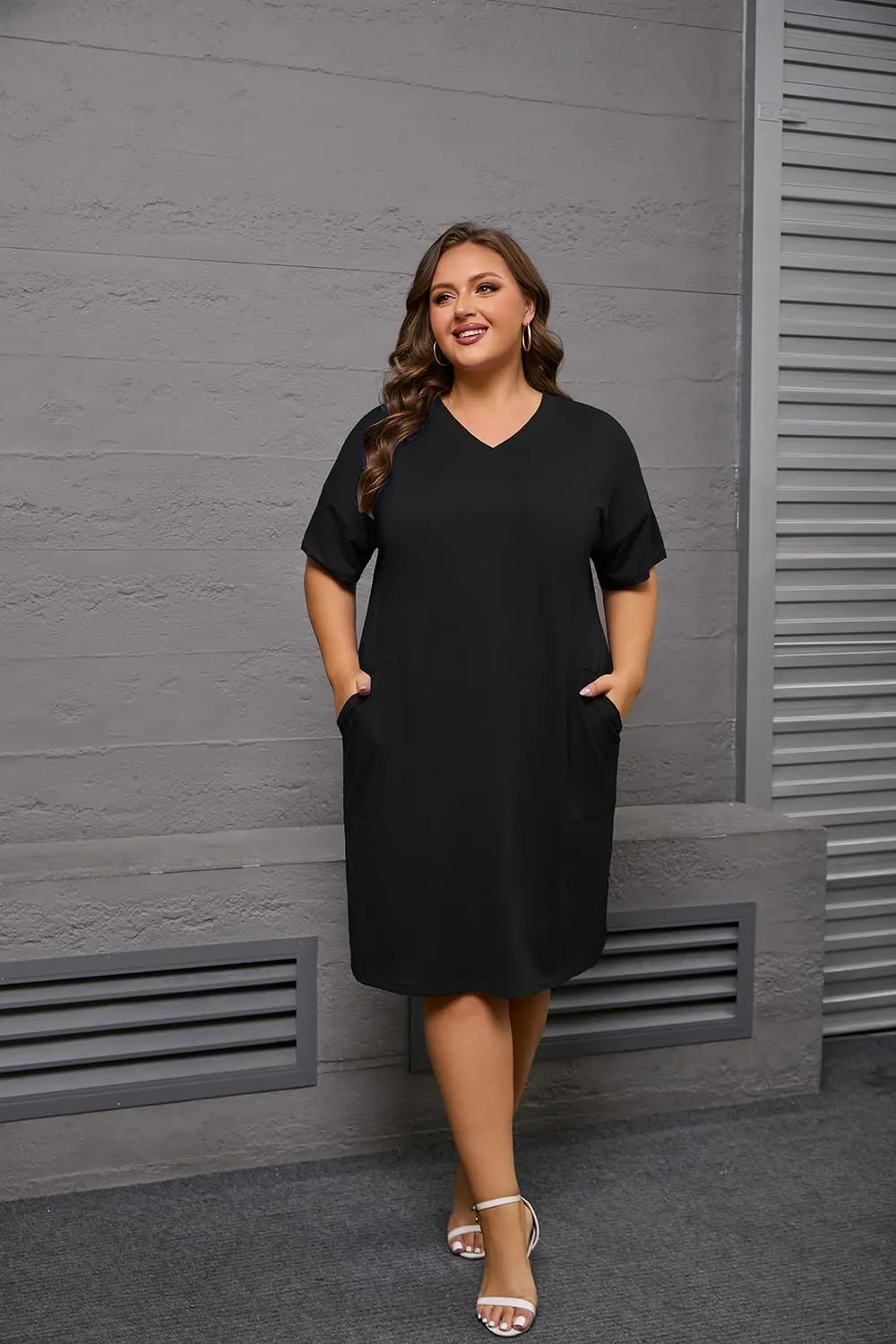 YeGine Women's Plus Size Casual Midi Dresses Short Sleeve T Shirt Dress with Pockets