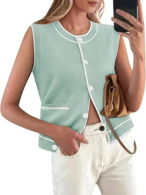 Yousify Womens Knit Tank Tops 2025 Summer Sleeveless Sweater Vest Round Neck Button Down Casual Cardigan with Pockets