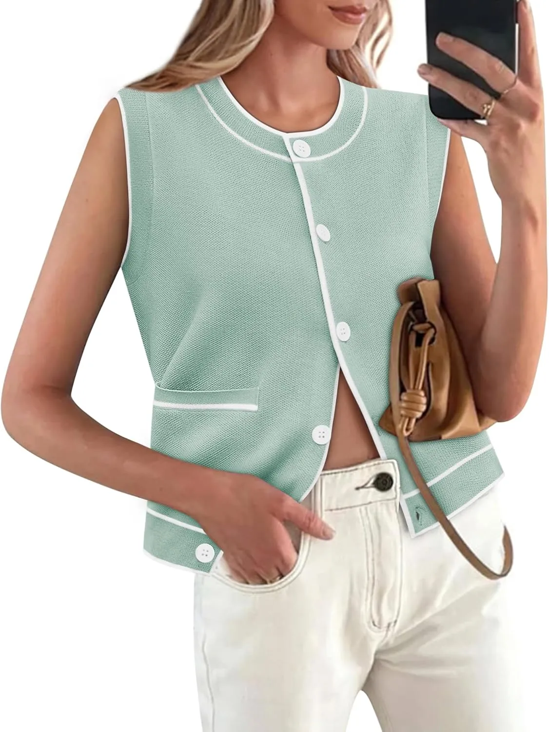 Yousify Womens Knit Tank Tops 2025 Summer Sleeveless Sweater Vest Round Neck Button Down Casual Cardigan with Pockets