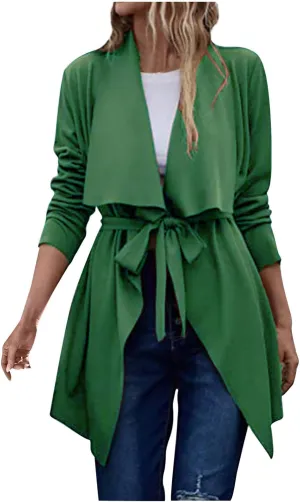 YRAETENM Lightweight Trench Coat Women Lapel Draped Open Front Thin Cardigan Long Sleeve Irregular Hem Outwear with Belt