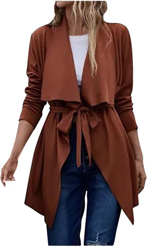YRAETENM Lightweight Trench Coat Women Lapel Draped Open Front Thin Cardigan Long Sleeve Irregular Hem Outwear with Belt