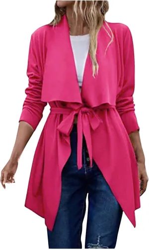 YRAETENM Lightweight Trench Coat Women Lapel Draped Open Front Thin Cardigan Long Sleeve Irregular Hem Outwear with Belt