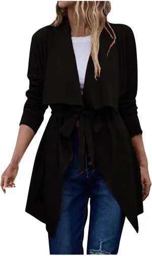 YRAETENM Lightweight Trench Coat Women Lapel Draped Open Front Thin Cardigan Long Sleeve Irregular Hem Outwear with Belt