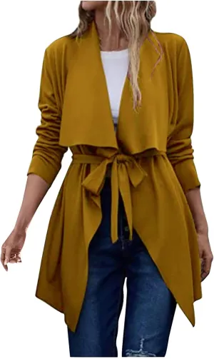 YRAETENM Lightweight Trench Coat Women Lapel Draped Open Front Thin Cardigan Long Sleeve Irregular Hem Outwear with Belt