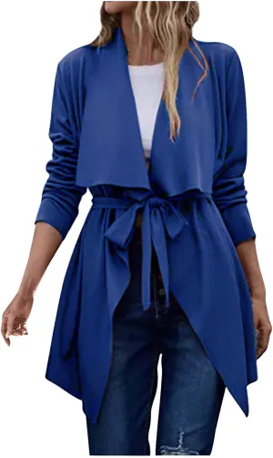 YRAETENM Lightweight Trench Coat Women Lapel Draped Open Front Thin Cardigan Long Sleeve Irregular Hem Outwear with Belt