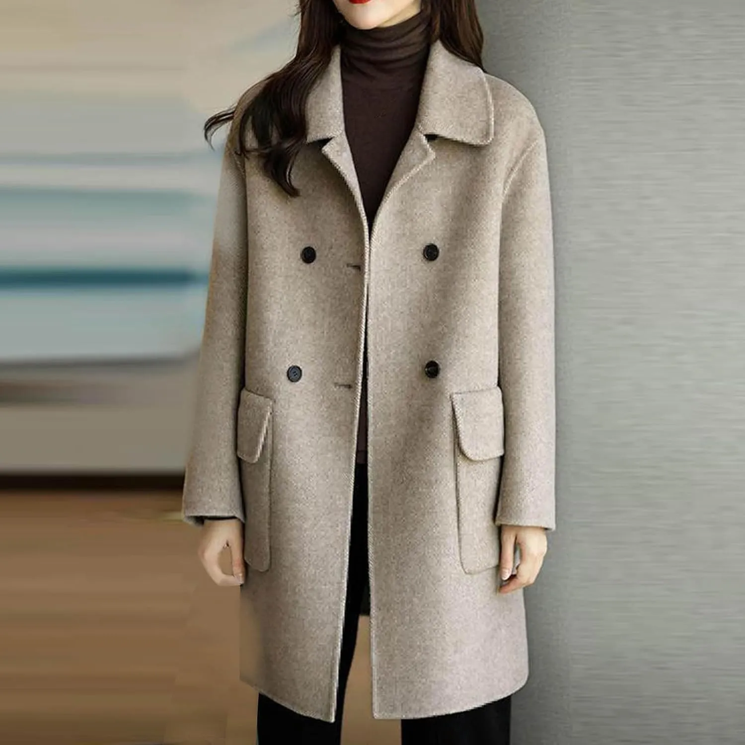 YRAETENM Women's Trench Coats Casual Notch Lapel Double Breasted Warm Pea Coat Mid-Length Wool Blend Coats with Pockets