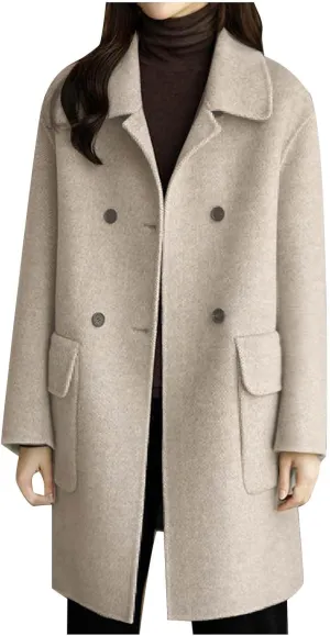 YRAETENM Women's Trench Coats Casual Notch Lapel Double Breasted Warm Pea Coat Mid-Length Wool Blend Coats with Pockets