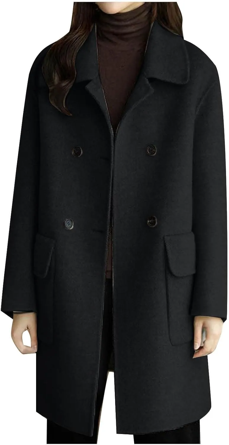 YRAETENM Women's Trench Coats Casual Notch Lapel Double Breasted Warm Pea Coat Mid-Length Wool Blend Coats with Pockets