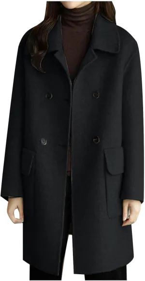 YRAETENM Women's Trench Coats Casual Notch Lapel Double Breasted Warm Pea Coat Mid-Length Wool Blend Coats with Pockets