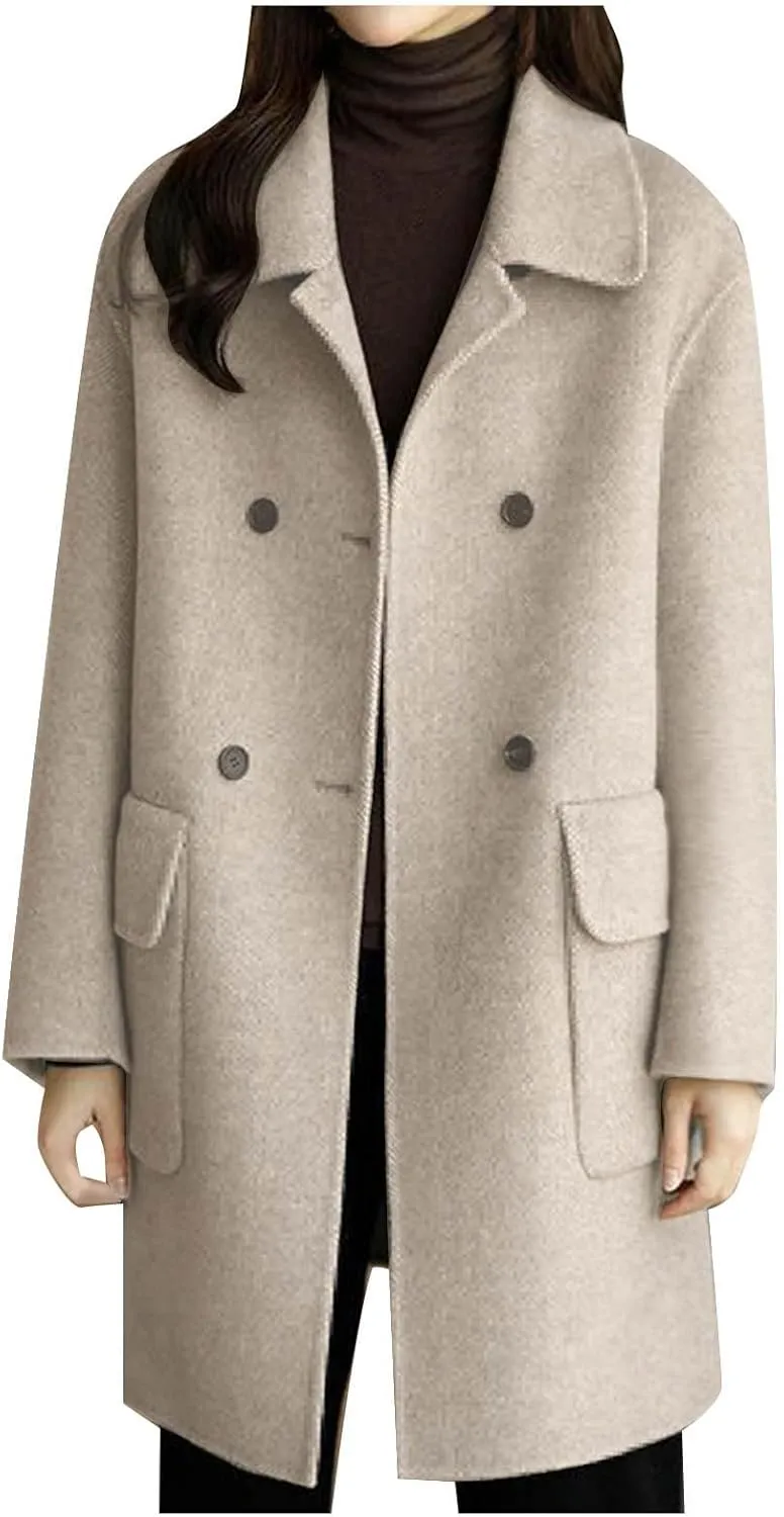 YRAETENM Women's Trench Coats Casual Notch Lapel Double Breasted Warm Pea Coat Mid-Length Wool Blend Coats with Pockets