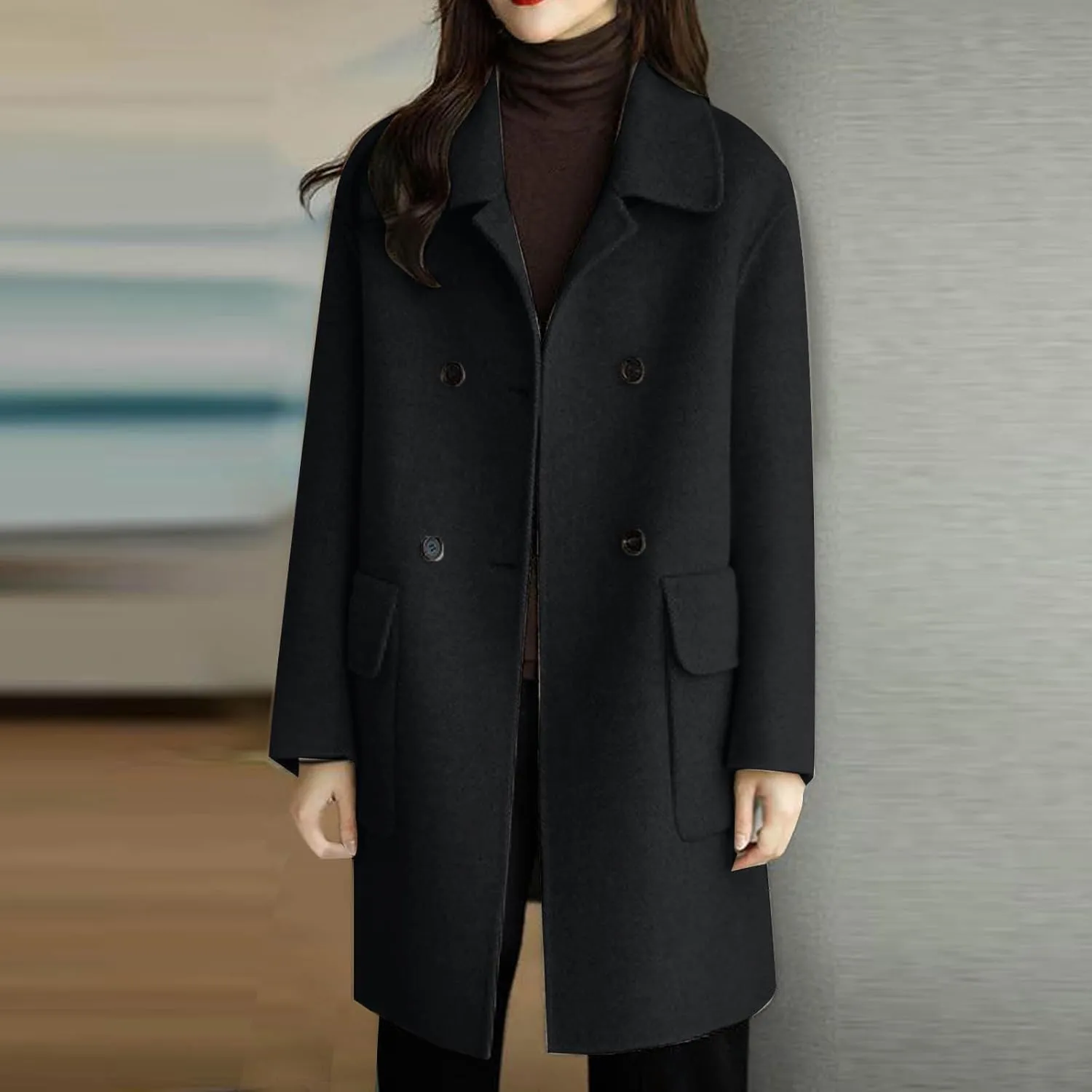 YRAETENM Women's Trench Coats Casual Notch Lapel Double Breasted Warm Pea Coat Mid-Length Wool Blend Coats with Pockets