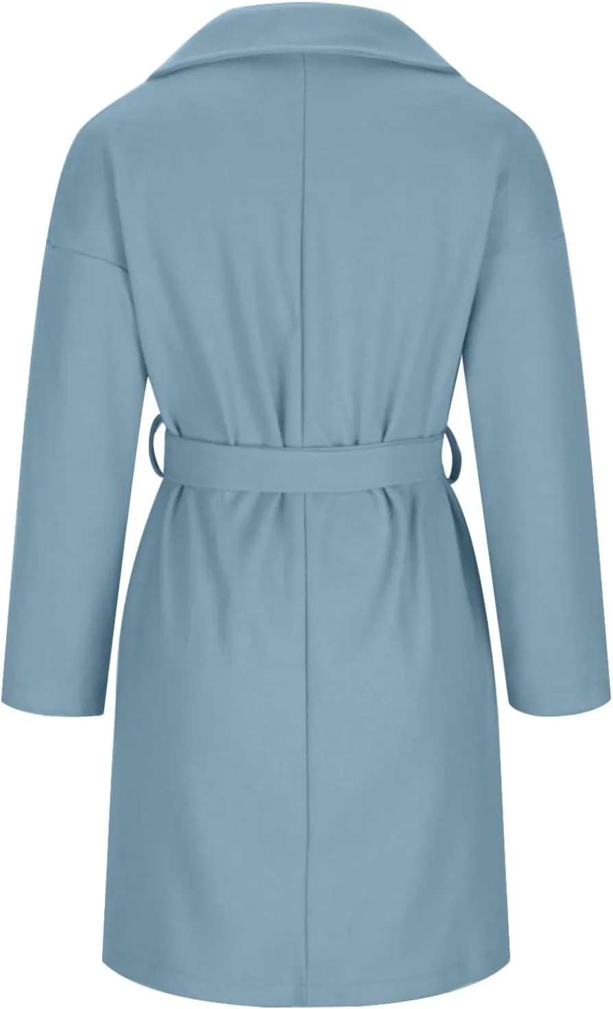 YRAETENM Womens Wool Coat Long Sleeve Notched Collar Tie Belt Wrap Coats Casual Long Winter Jackets Trench Coat with Pockets