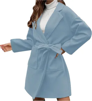 YRAETENM Womens Wool Coat Long Sleeve Notched Collar Tie Belt Wrap Coats Casual Long Winter Jackets Trench Coat with Pockets