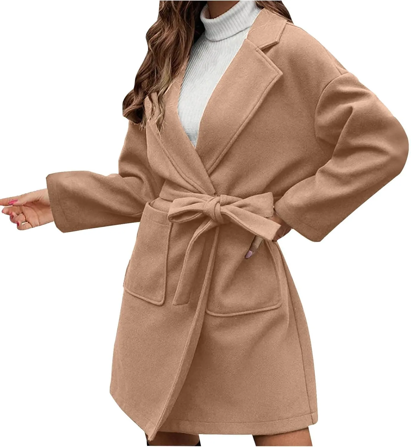 YRAETENM Womens Wool Coat Long Sleeve Notched Collar Tie Belt Wrap Coats Casual Long Winter Jackets Trench Coat with Pockets