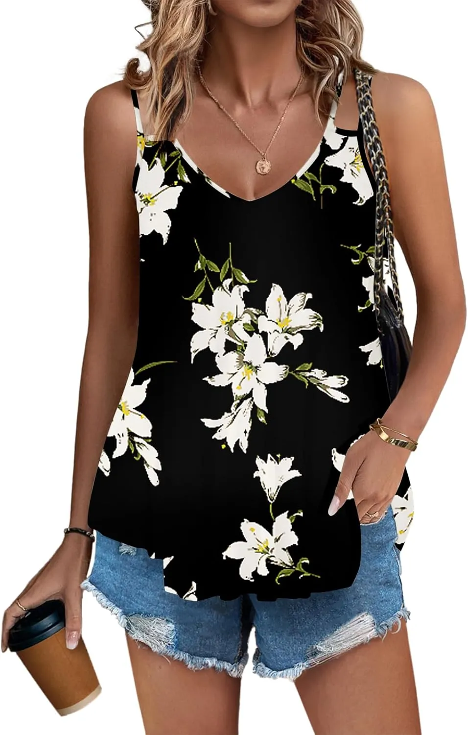 Zeagoo Women Flowy Tank Tops Casual Summer Floral Tops Sexy Spaghetti Strap V Neck Sleeveless Tunic Camisoles