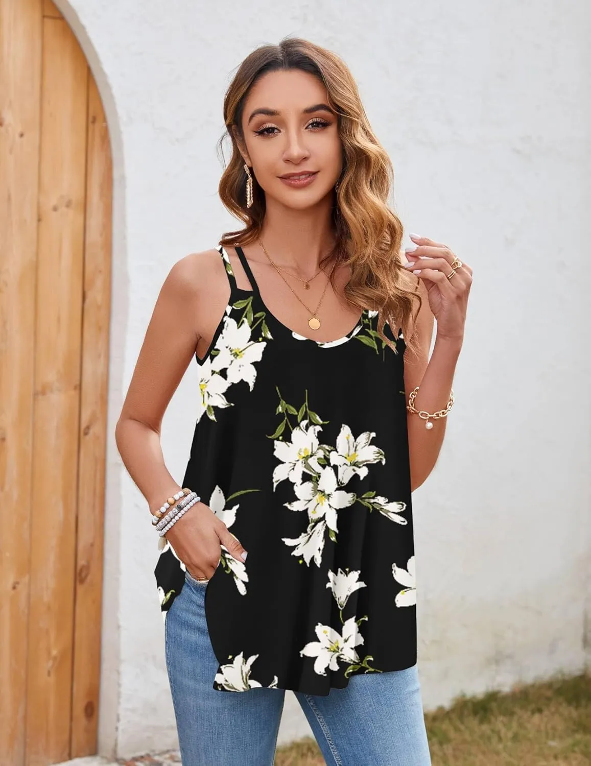 Zeagoo Women Flowy Tank Tops Casual Summer Floral Tops Sexy Spaghetti Strap V Neck Sleeveless Tunic Camisoles