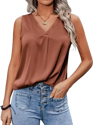 Zeagoo Womens 2025 Silk Satin Tank Tops V Neck Casual Cami Sleeveless Camisole Blouses Summer Basic Tank Shirt