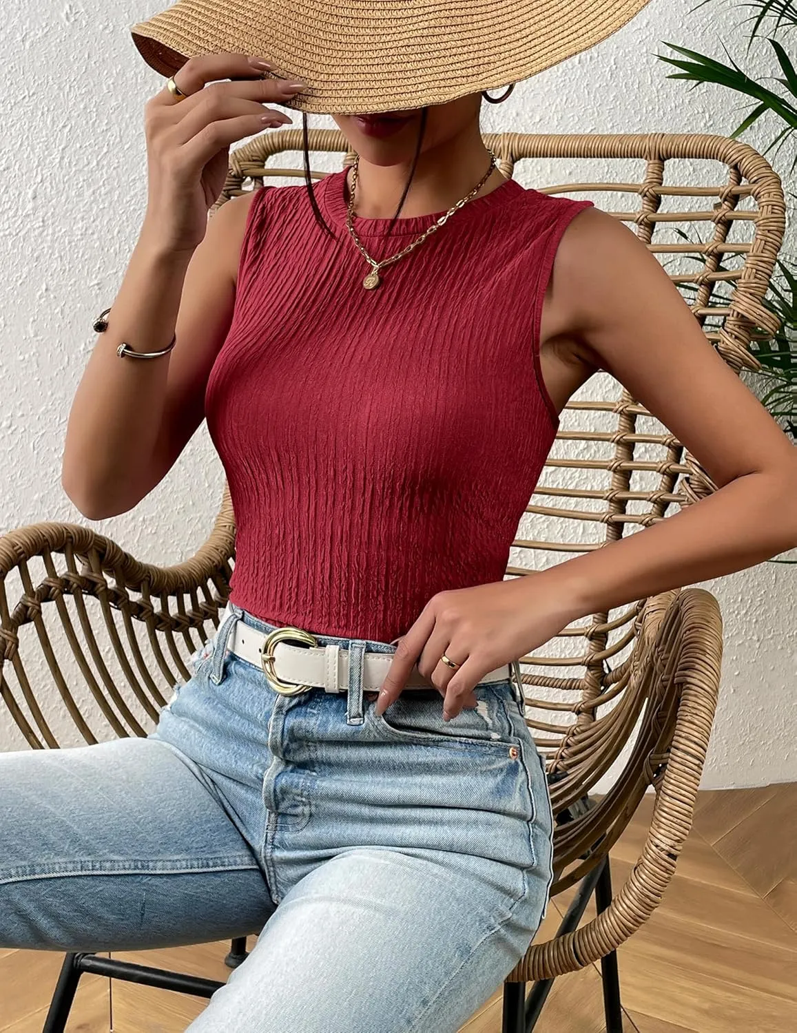 Zeagoo Women's High Neck Tank Top 2025 Summer Casual Ribbed Knit Slim Fitted Basic Textured Sleeveless Shirts