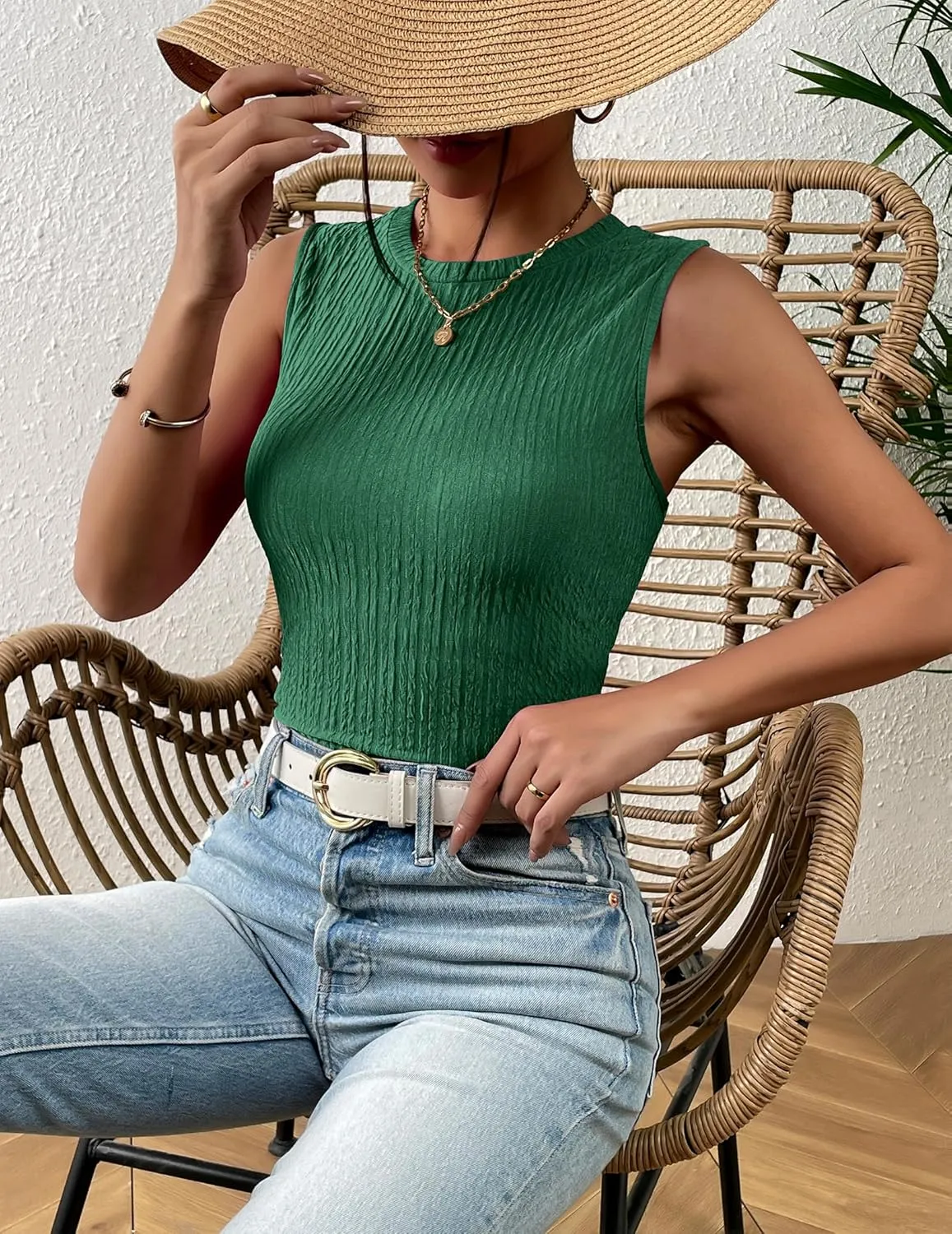 Zeagoo Women's High Neck Tank Top 2025 Summer Casual Ribbed Knit Slim Fitted Basic Textured Sleeveless Shirts